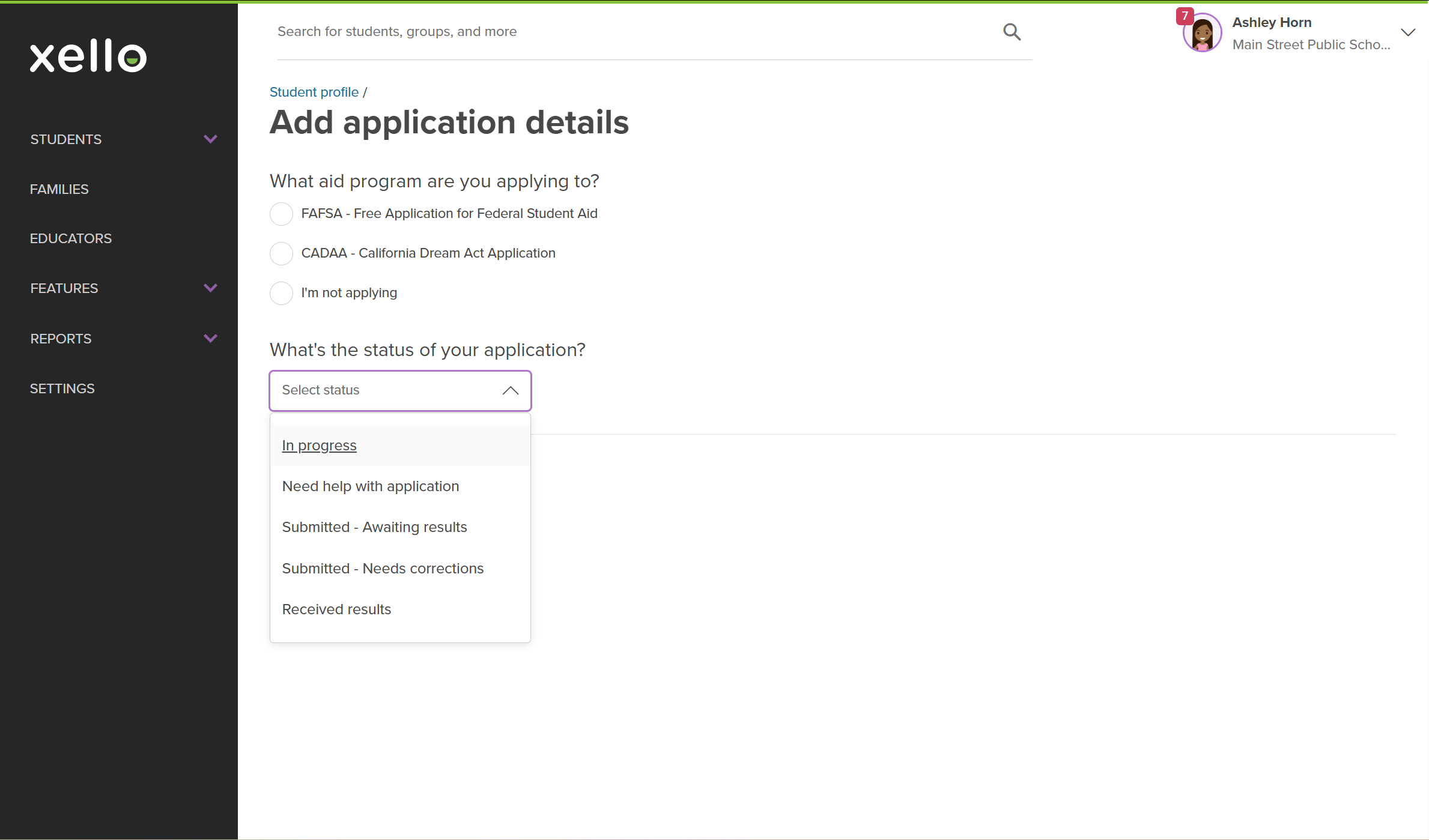 The Add application details page. The status dropdown is open with options like In progress, Need help with application.